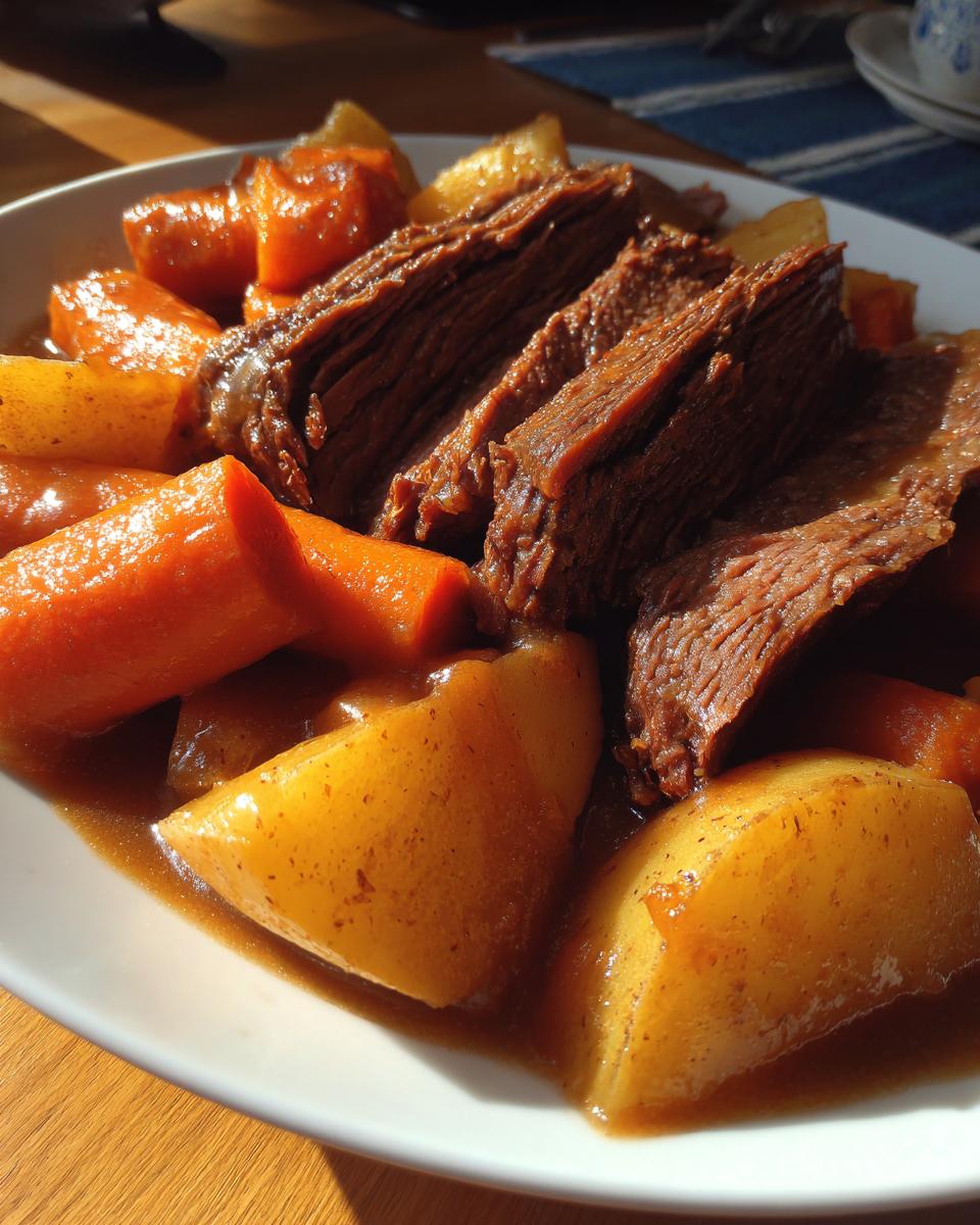 Close-up of thick slices of tender Crockpot Roast served with carrots and potatoes in rich gravy.