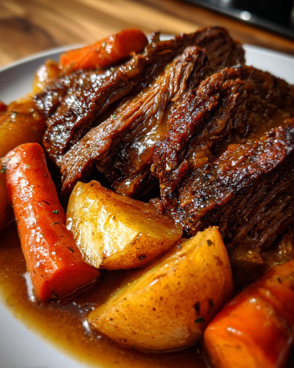 Close-up of tender, shredded Crockpot Roast served with chunks of carrots and potatoes in rich gravy.