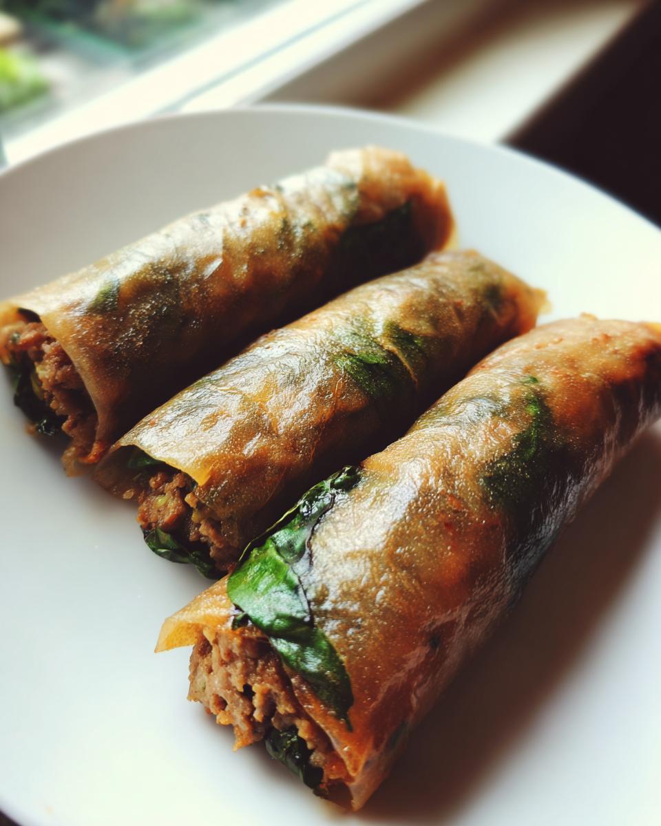 Close-up of three golden-brown Thai Basil Beef Rolls filled with seasoned ground meat and green basil leaves, served on a white plate.