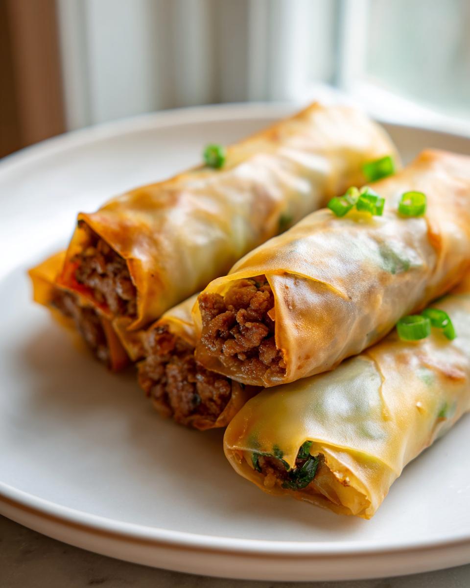 Close-up of crispy, golden Thai Basil Beef Rolls filled with seasoned ground meat, garnished with green onions.