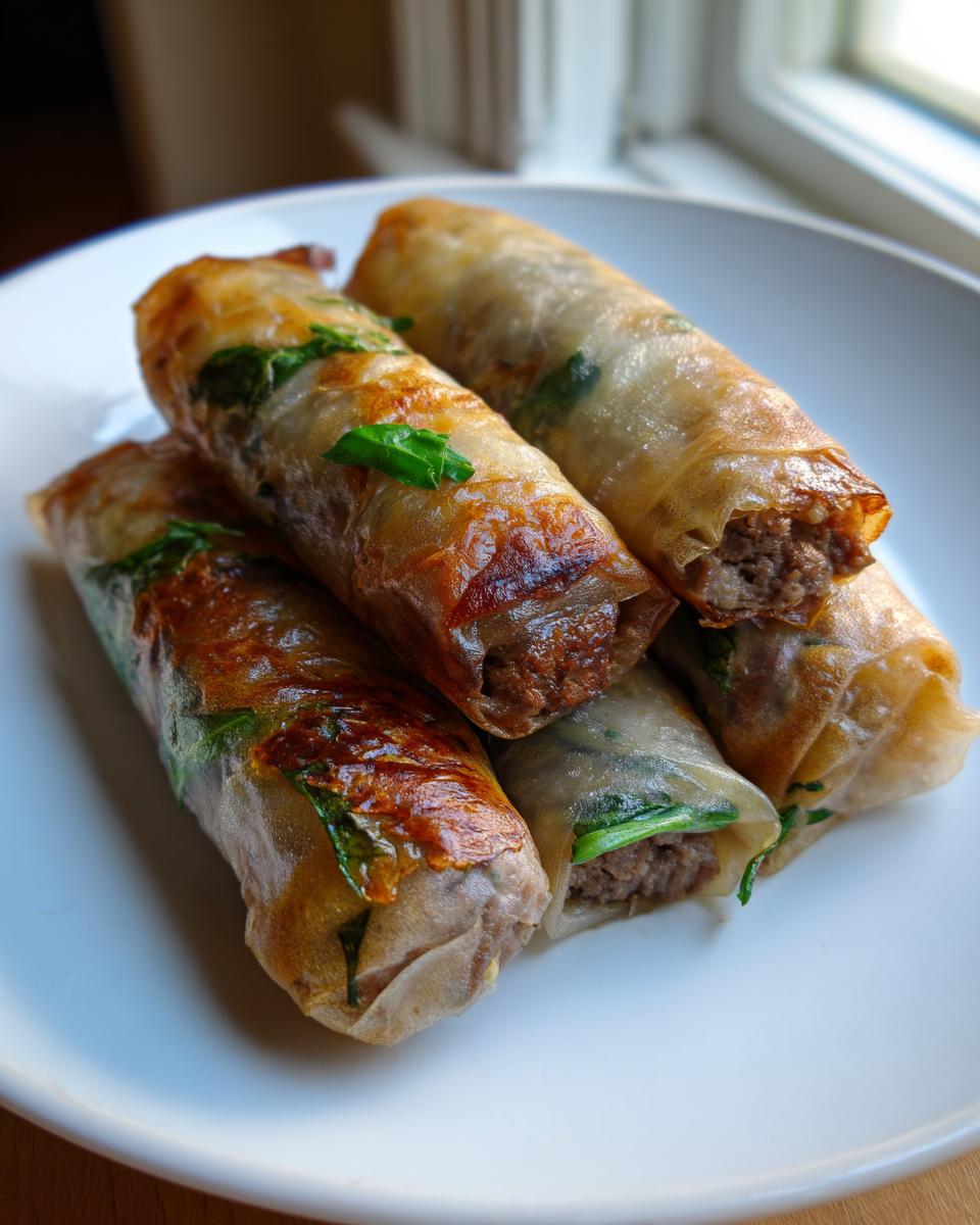 Close-up of four crispy, golden Thai Basil Beef Rolls stacked on a white plate.