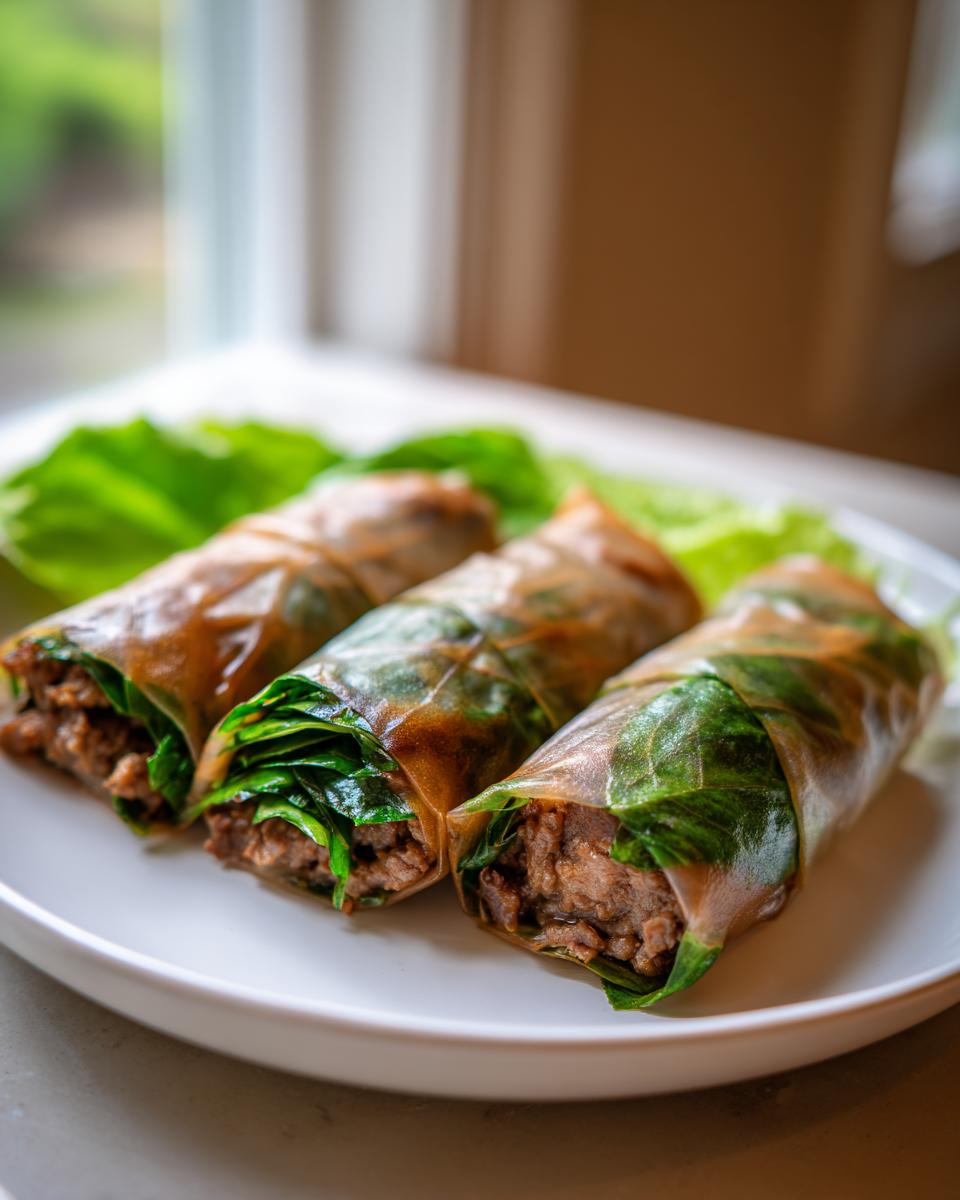 Three freshly wrapped Thai Basil Beef Rolls displayed on a white plate with lettuce leaves.