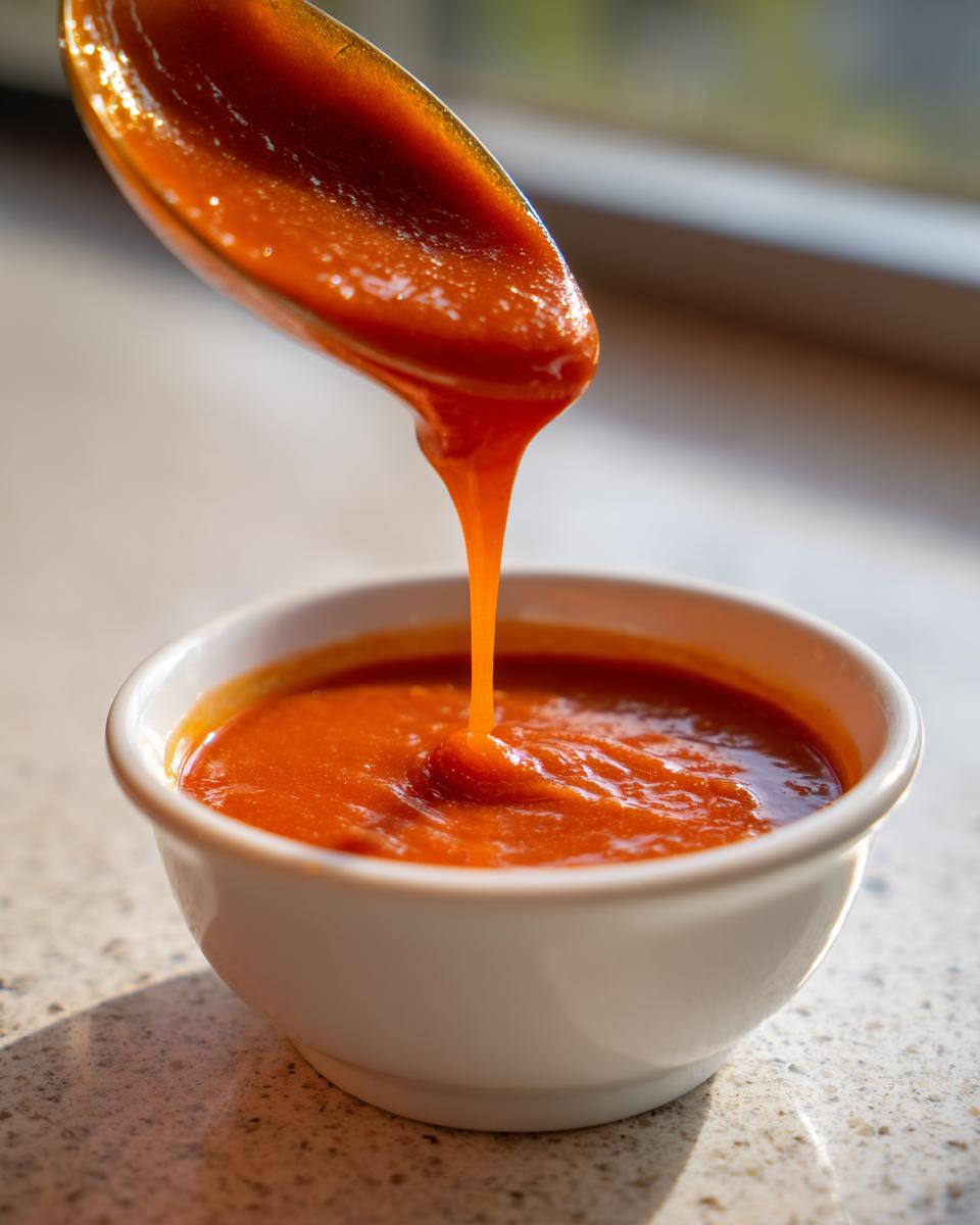 A spoonful of thick, vibrant orange Catalina Dressing is being poured into a small white bowl.