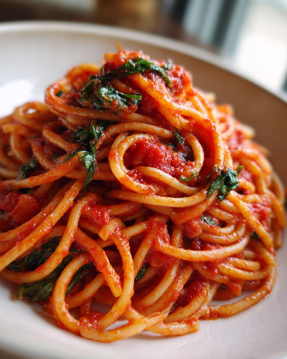 A close-up, appetizing shot of fresh Tomato Basil Pasta coated in a rich red sauce with visible basil leaves.