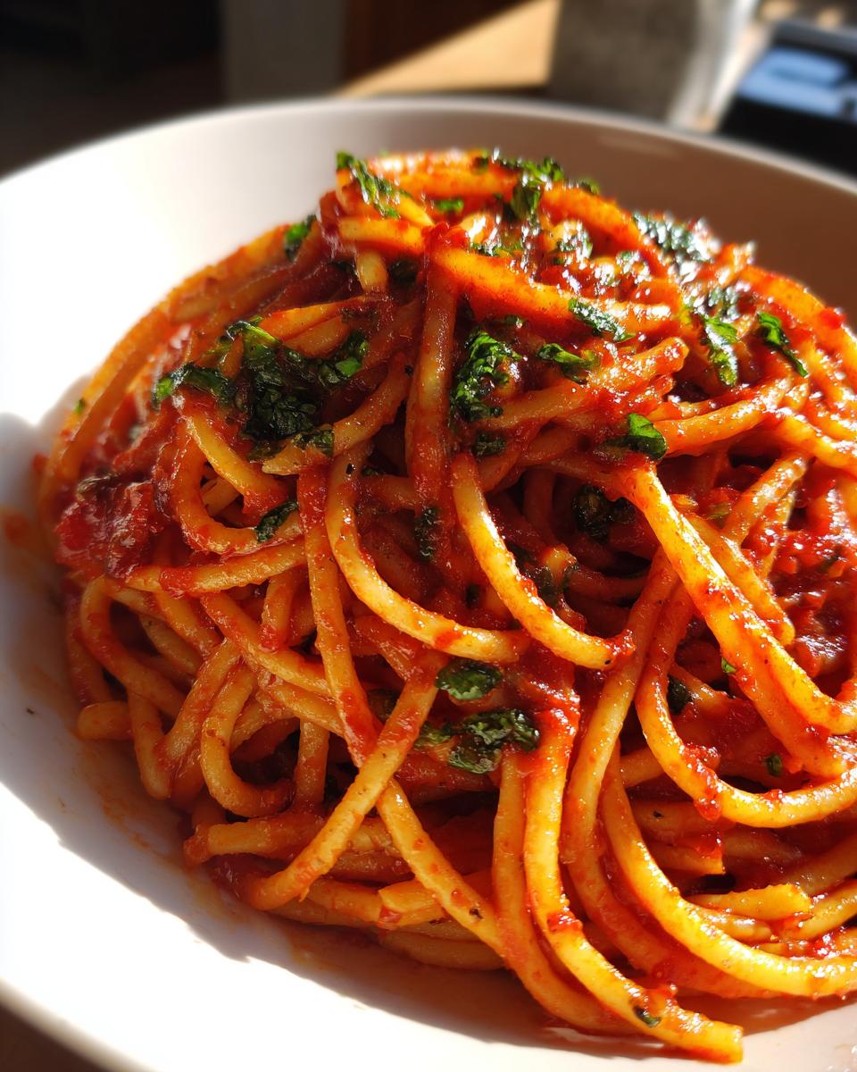 A close-up, sunlit shot of a generous serving of Tomato Basil Pasta coated in rich red sauce and topped with fresh basil.