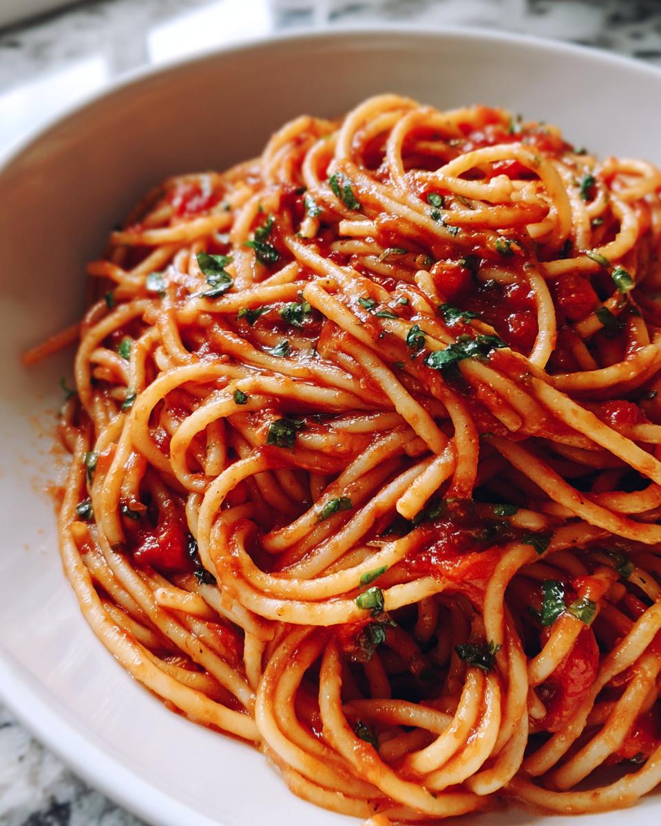 A close-up view of perfectly coated spaghetti tossed in a rich red tomato basil pasta sauce, garnished with fresh green herbs.