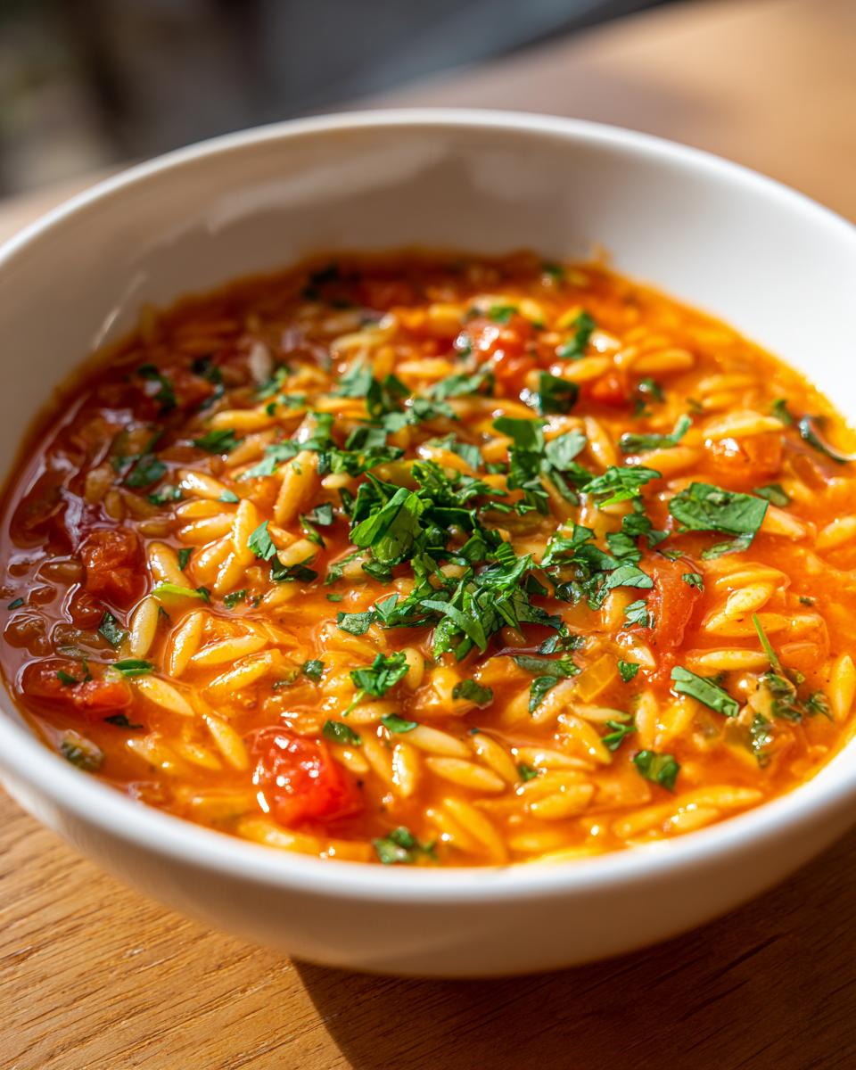 Close-up of a white bowl filled with rich, tomato-based Greek Manestra pasta, topped with chopped fresh parsley.
