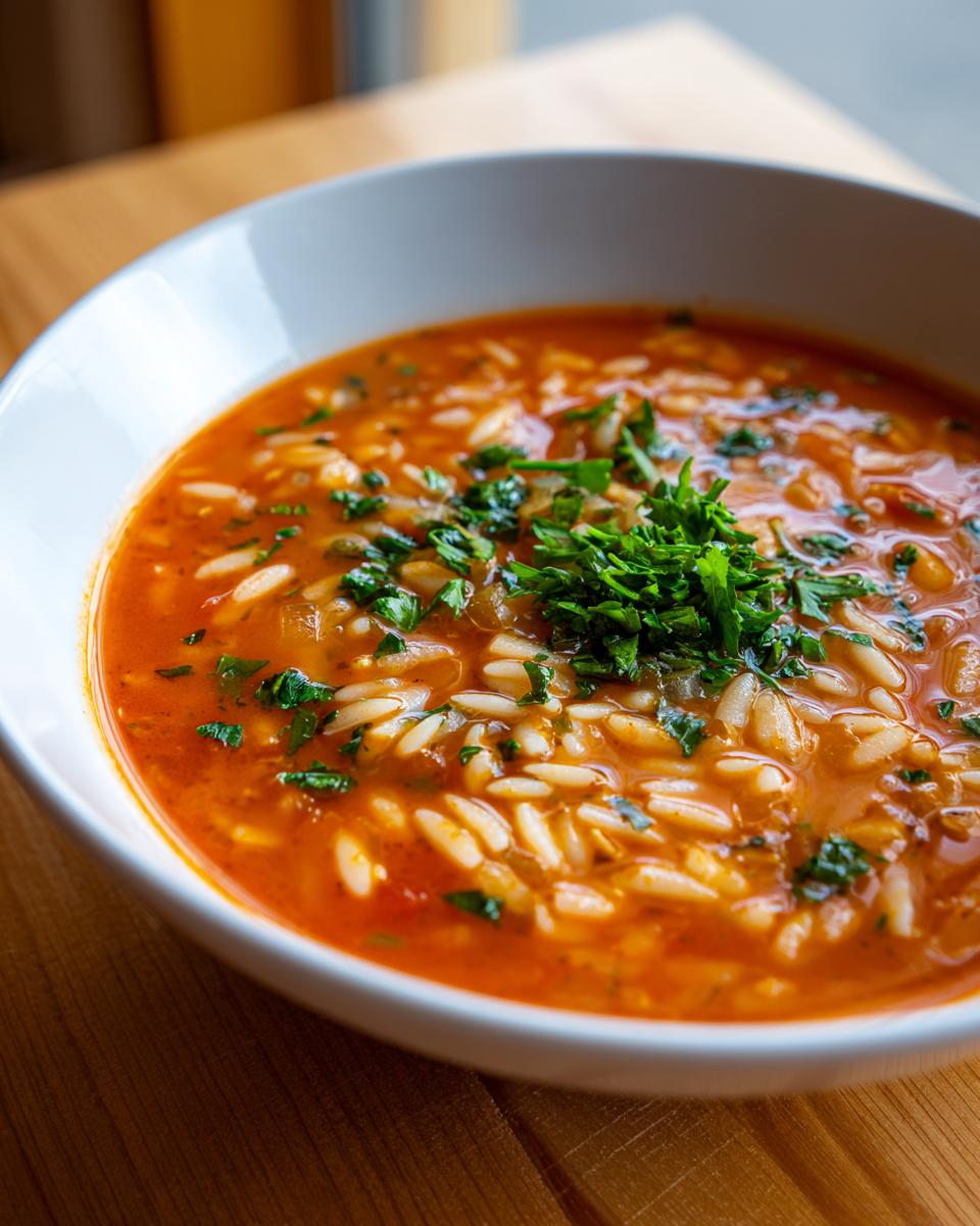 Close-up of a white bowl filled with rich, tomato-based Greek Manestra pasta, topped with fresh chopped parsley.