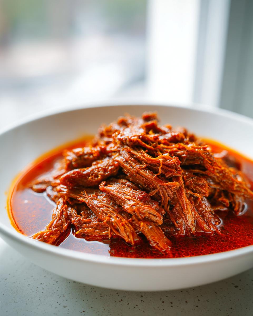 Close-up of richly shredded, deep red meat submerged in flavorful consomm&eacute;, representing Traditional Mexican Birria.