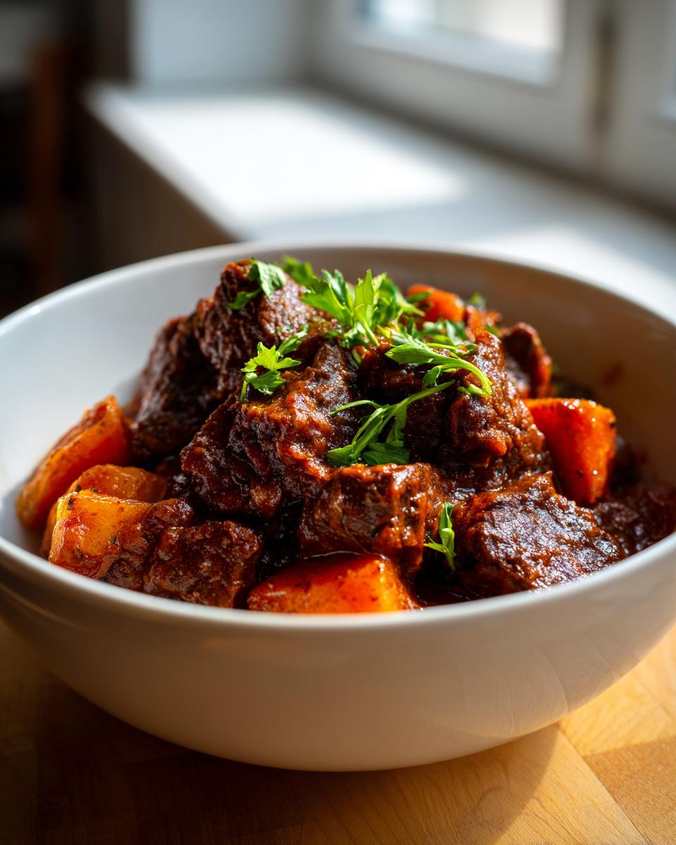 Close-up of rich, dark Tuscan Beef Casserole chunks with visible vegetables, garnished with fresh parsley.