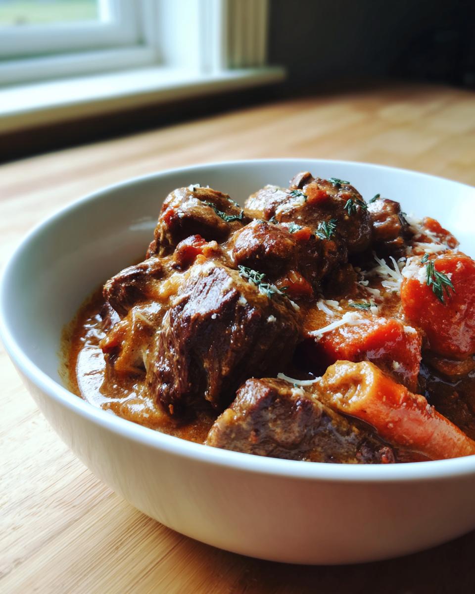 Close-up of tender chunks of Tuscan Beef Casserole in a white bowl, topped with cheese and herbs.