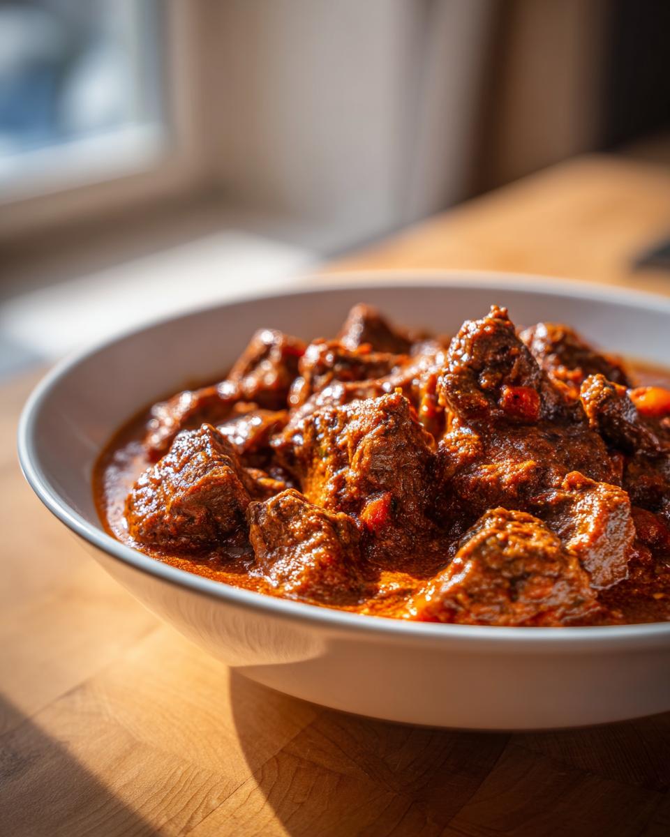 Close-up of tender chunks of meat in a rich, reddish-brown sauce, representing the Tuscan Beef Casserole.