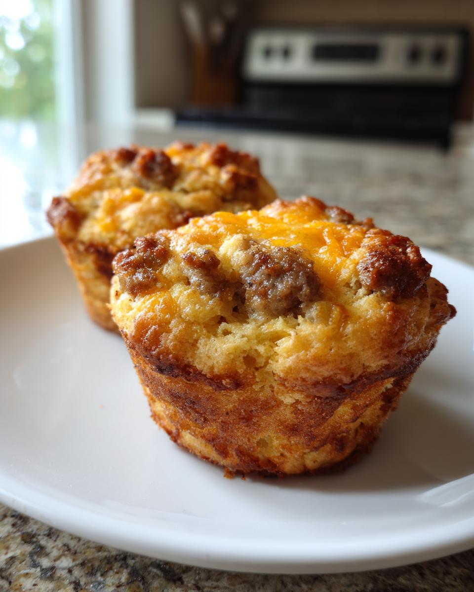 Close-up of two freshly baked Sausage Muffins topped with browned sausage crumbles and melted cheddar cheese on a white plate.
