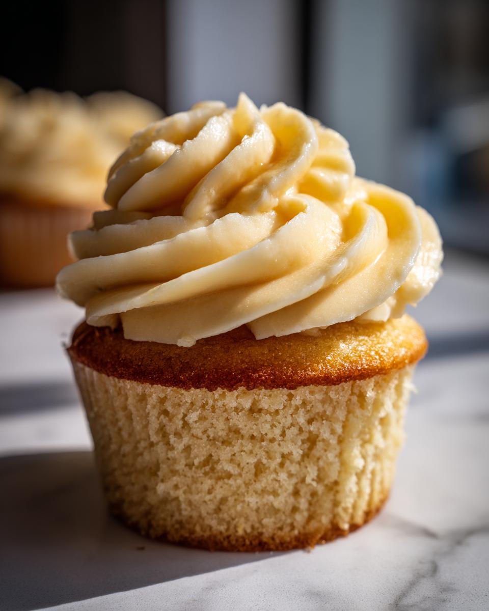 Close-up of a single vanilla cupcake topped with a swirl of creamy, pale yellow frosting, perfect for a Boozy Cupcakes recipe.