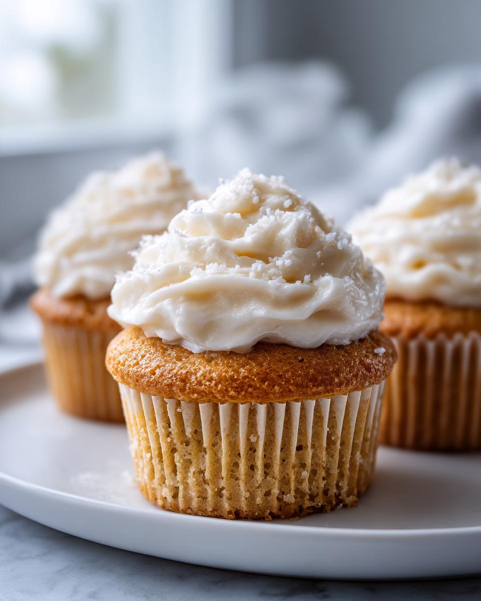 A close-up of a perfectly baked vanilla Sugar Free Cupcakes topped with thick white frosting and sprinkled with sugar substitute.