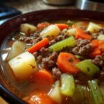 Close-up of a rich bowl of Vegetable Beef Soup featuring ground beef, carrots, potatoes, and celery in broth.