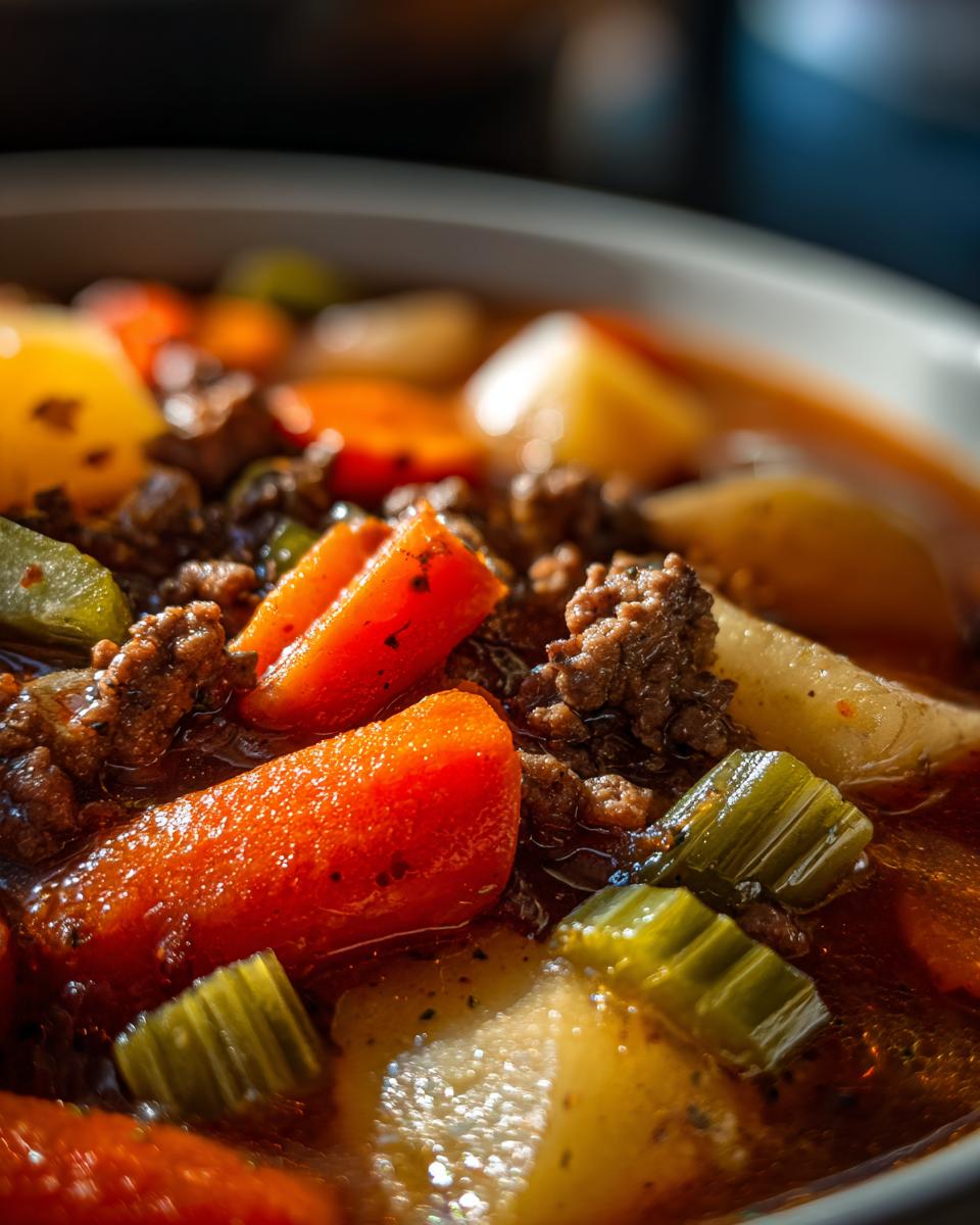 Macro shot of chunky carrots, potatoes, celery, and ground beef in a rich broth of Vegetable Beef Soup.