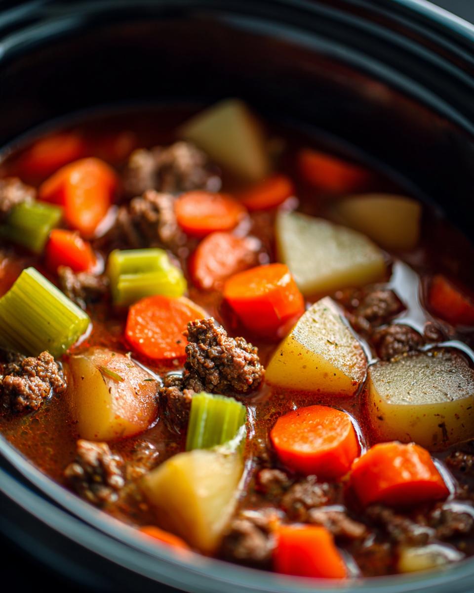 Close-up view of rich, savory Vegetable Beef Soup cooking in a dark slow cooker, featuring chunks of beef, carrots, potatoes, and celery.