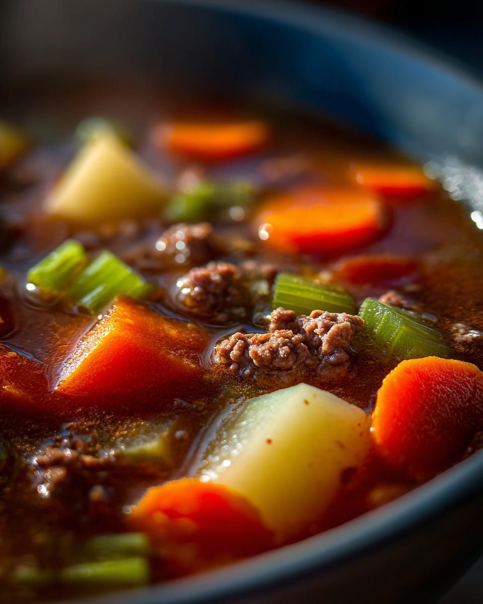 Macro shot showing chunks of beef, carrots, celery, and potatoes in a rich broth of Vegetable Beef Soup.