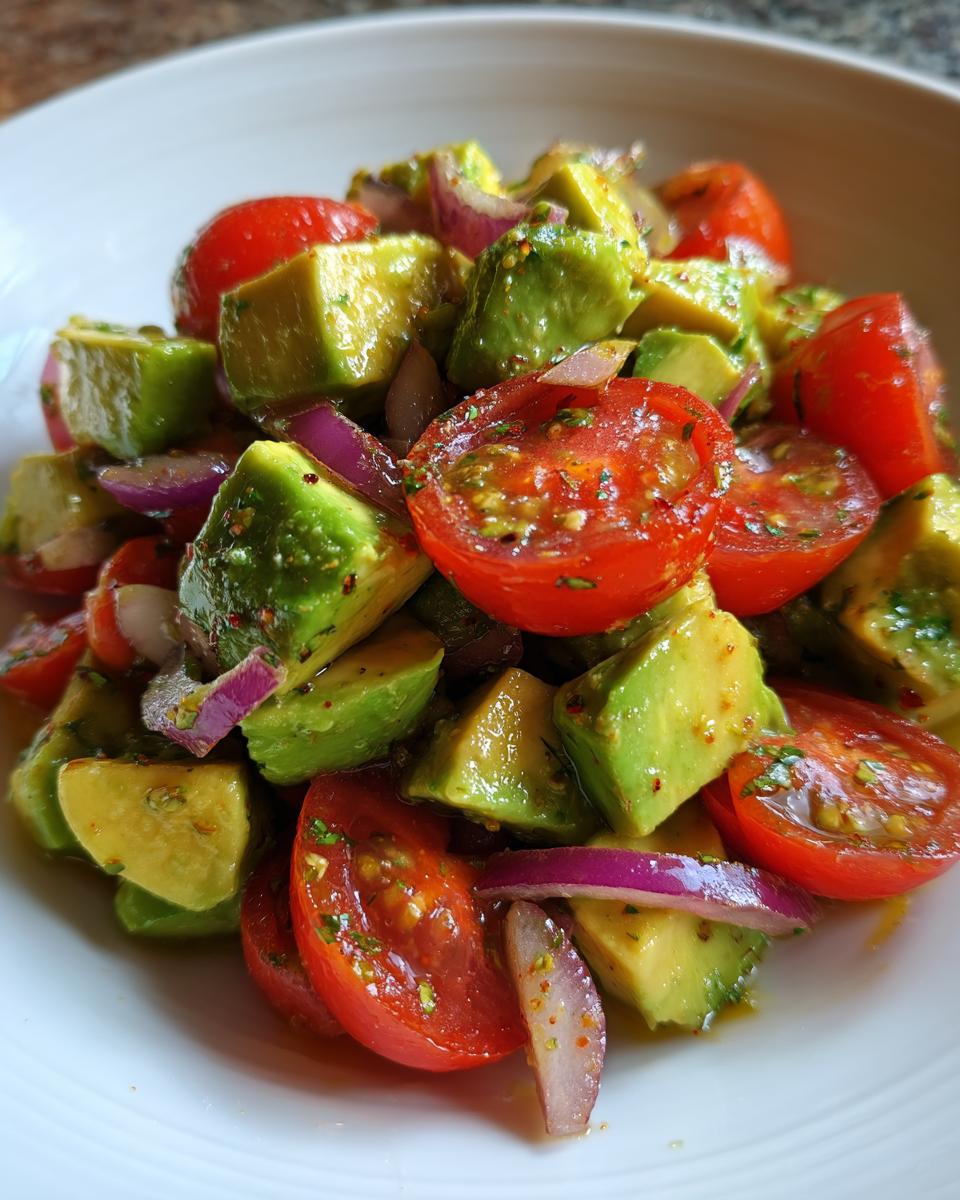 Close-up of a fresh, vibrant salad featuring diced avocado, halved cherry tomatoes, and red onion, perfect for Keto Avocado Recipes.