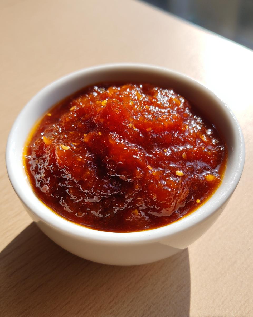 Close-up of a vibrant, thick, reddish-brown chutney served in a small white ramekin, highlighting the texture of this chutney recipe.