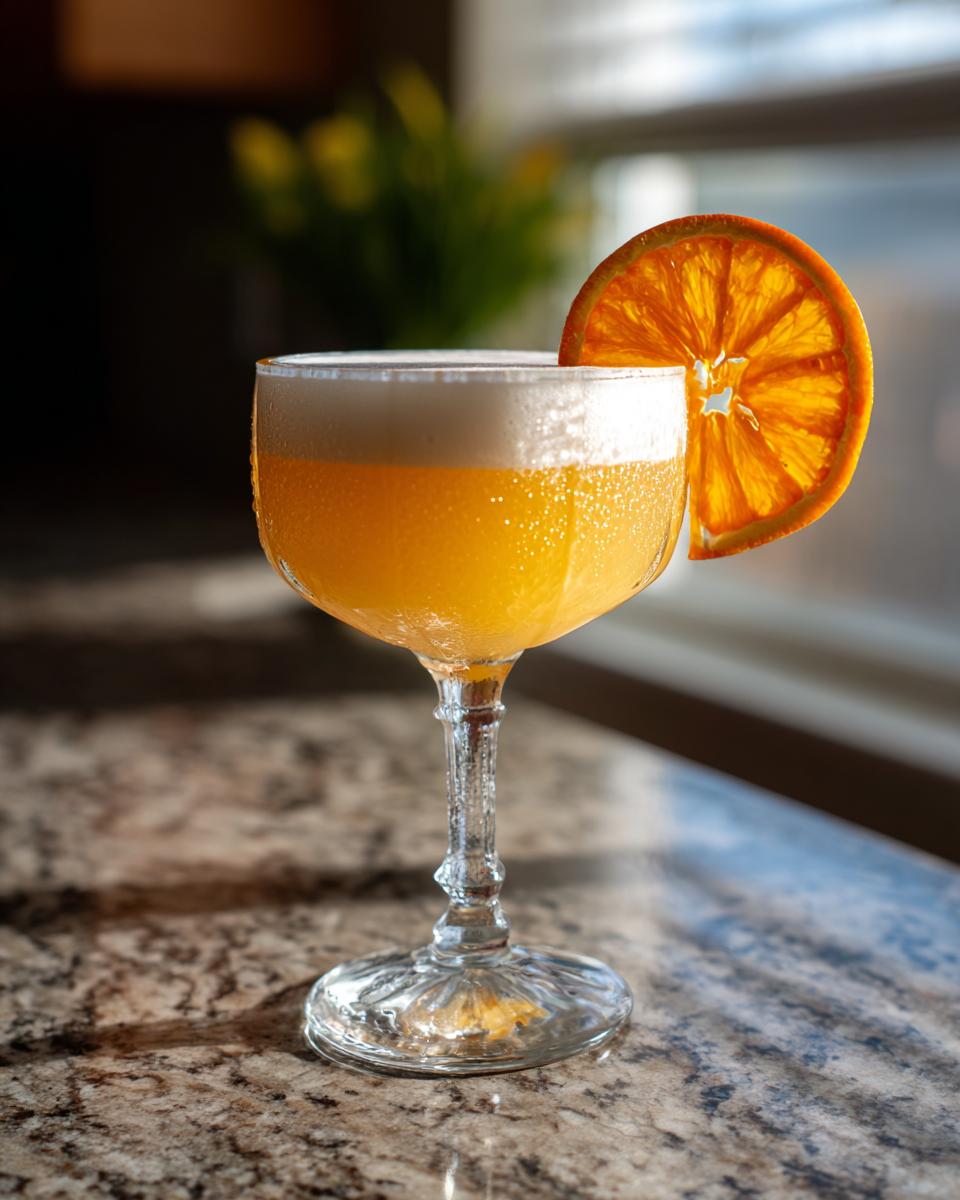 A vibrant orange sour cocktail with a thick foam top, garnished with a dried orange wheel, perfect for sour cocktails.