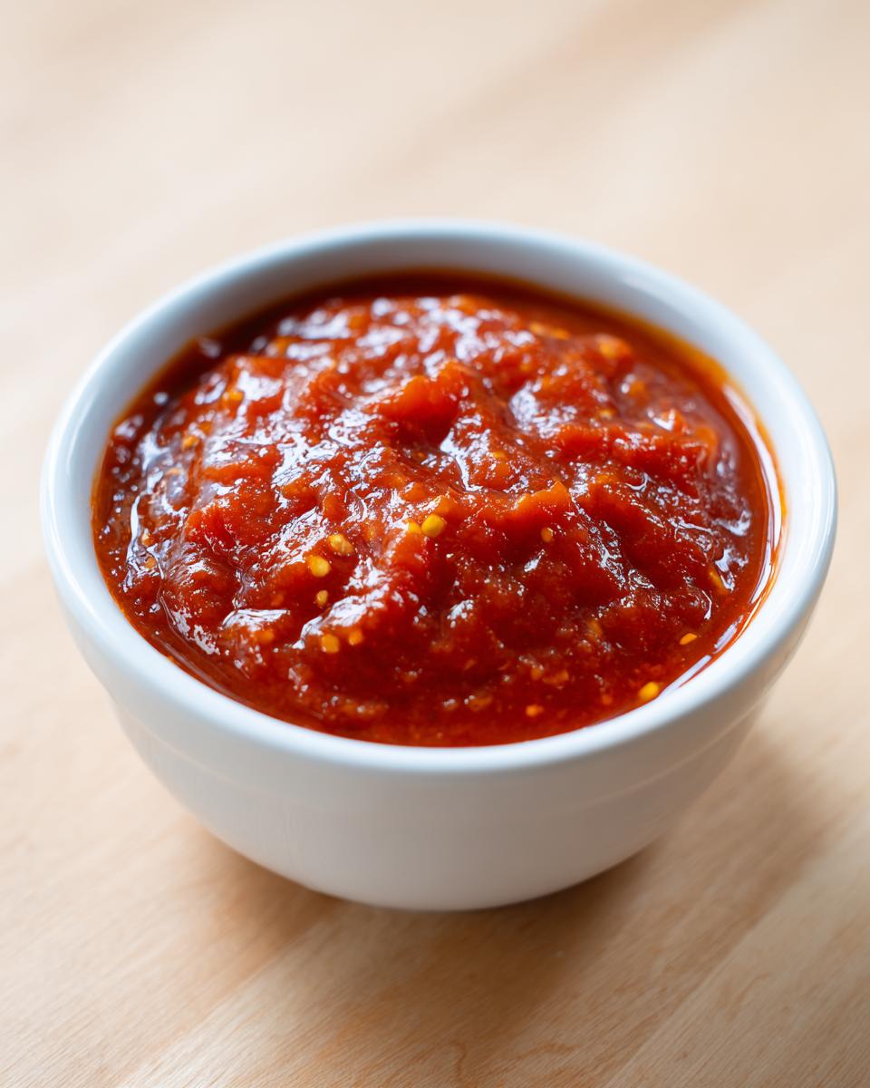 Close-up of a small white bowl filled with thick, bright red chutney, showing visible seeds and texture.