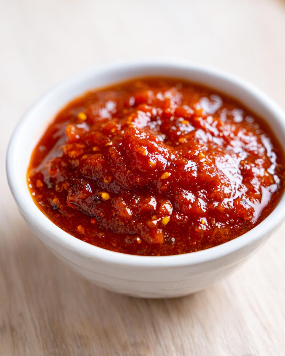 Close-up of a thick, vibrant red chutney recipe in a small white bowl, showing texture and seeds.