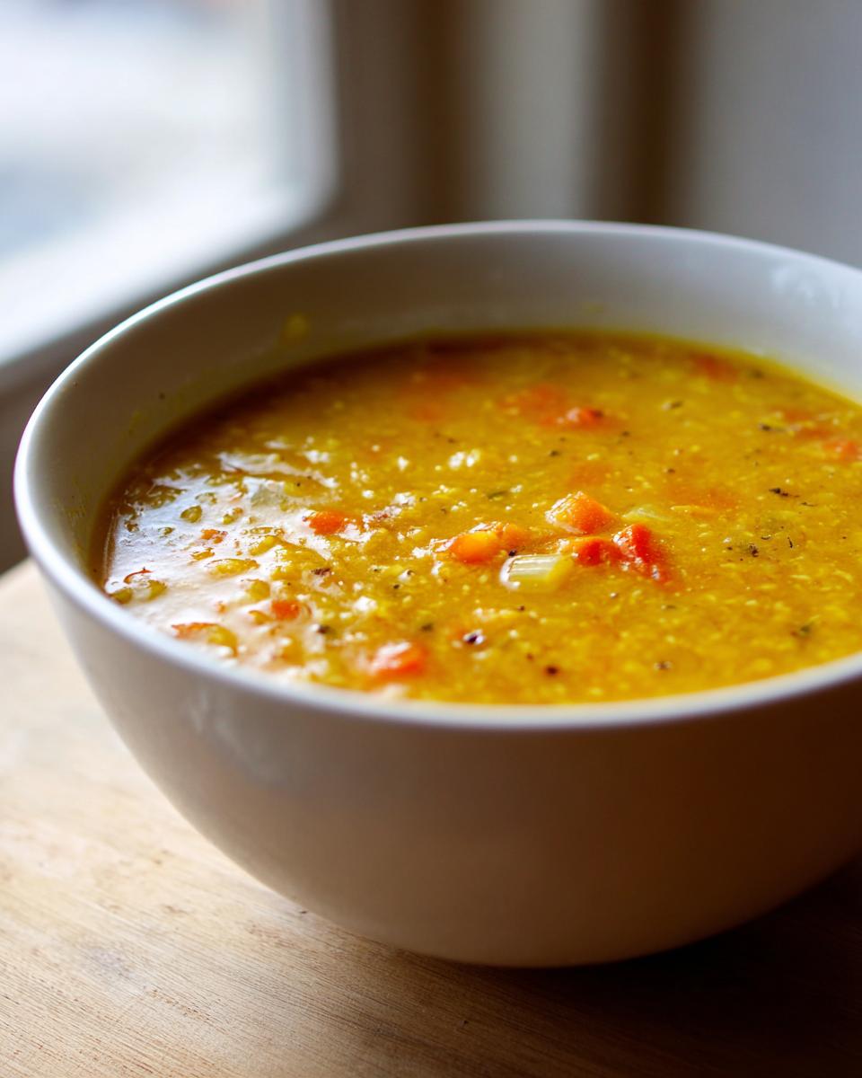 Close-up of a thick, golden yellow Lentil Soup with visible diced carrots and spices in a white bowl.