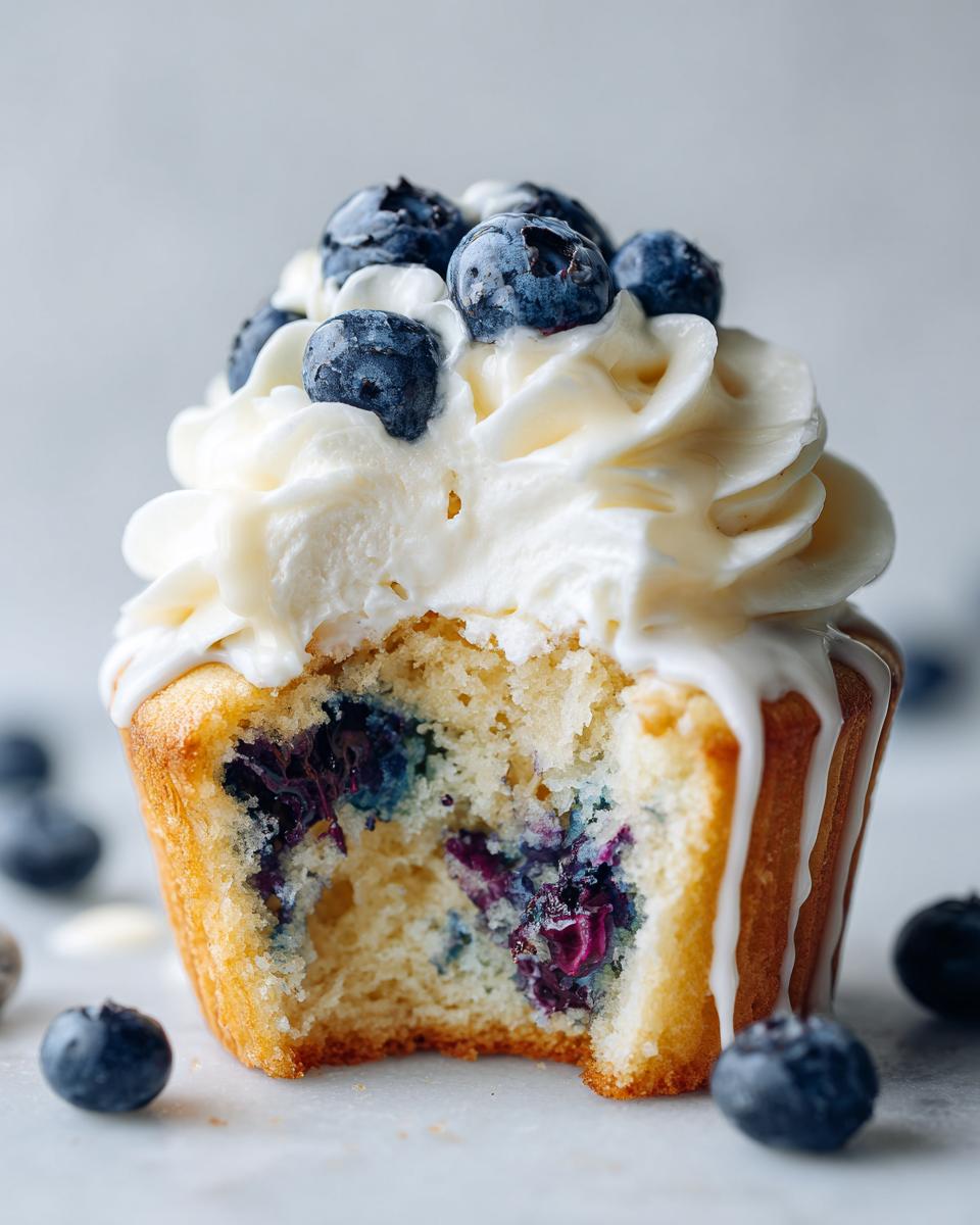 Close-up of a White Chocolate Blueberry Cupcakes with a bite taken out, showing moist cake and blueberries inside.