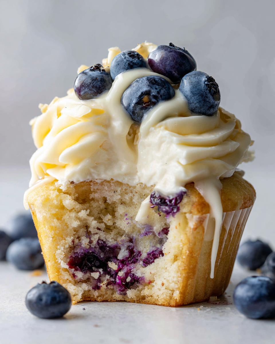 A cross-section view of a White Chocolate Blueberry Cupcake showing the moist cake, blueberry filling, and white chocolate frosting.