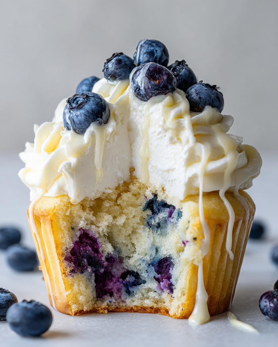 A cross-section view of a White Chocolate Blueberry Cupcake showing moist cake, blueberries, and white chocolate frosting.