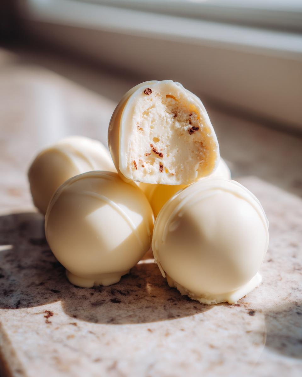 A stack of white chocolate Cheesecake Truffles, one cut open revealing the creamy filling with dark specks.