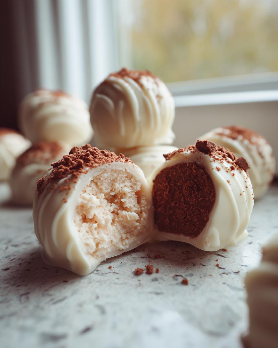 Close-up of one of the Cheesecake Truffles cut in half, showing the creamy filling and dark center, coated in white chocolate.