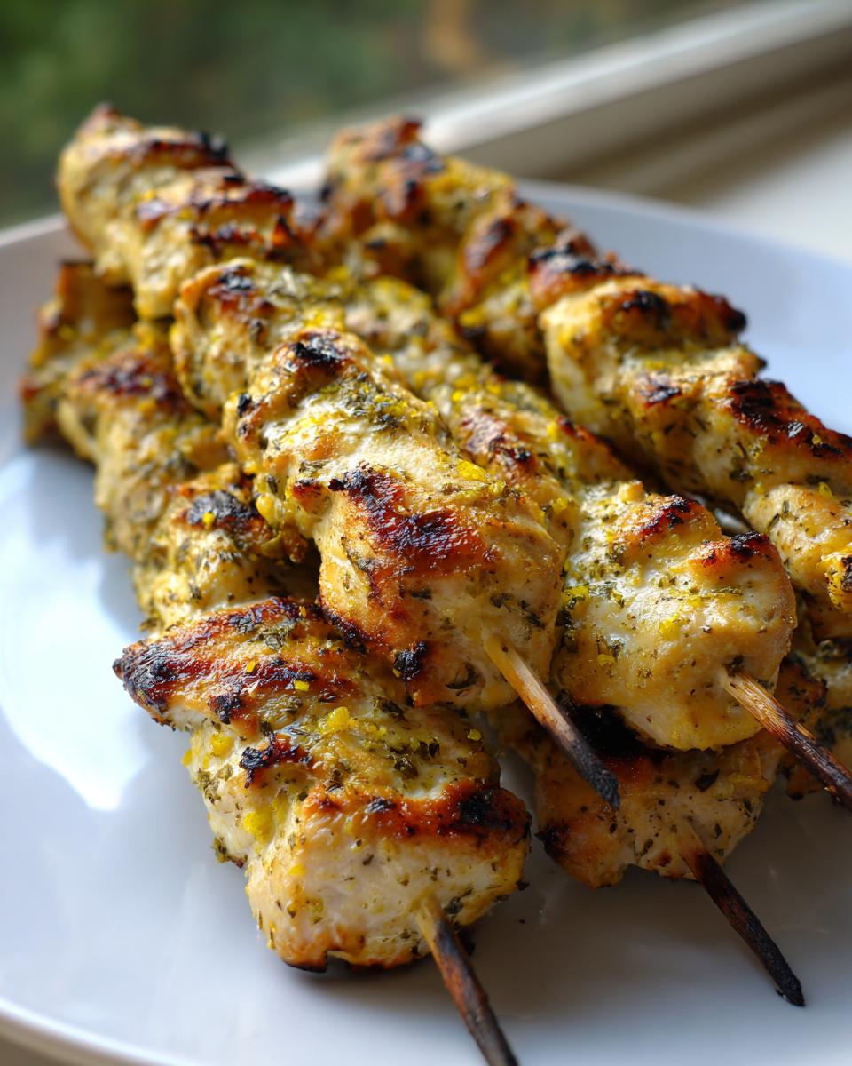 Close-up of grilled Zesty Parmesan Lemon Chicken Skewers coated in herbs and char marks, served on a white plate.