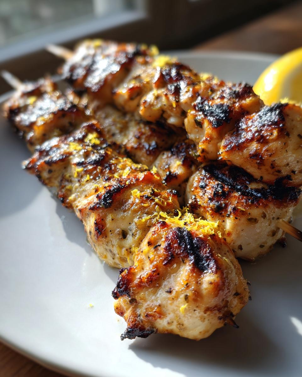 Close-up of perfectly grilled Zesty Parmesan Lemon Chicken Skewers showing char marks and a bright yellow marinade.