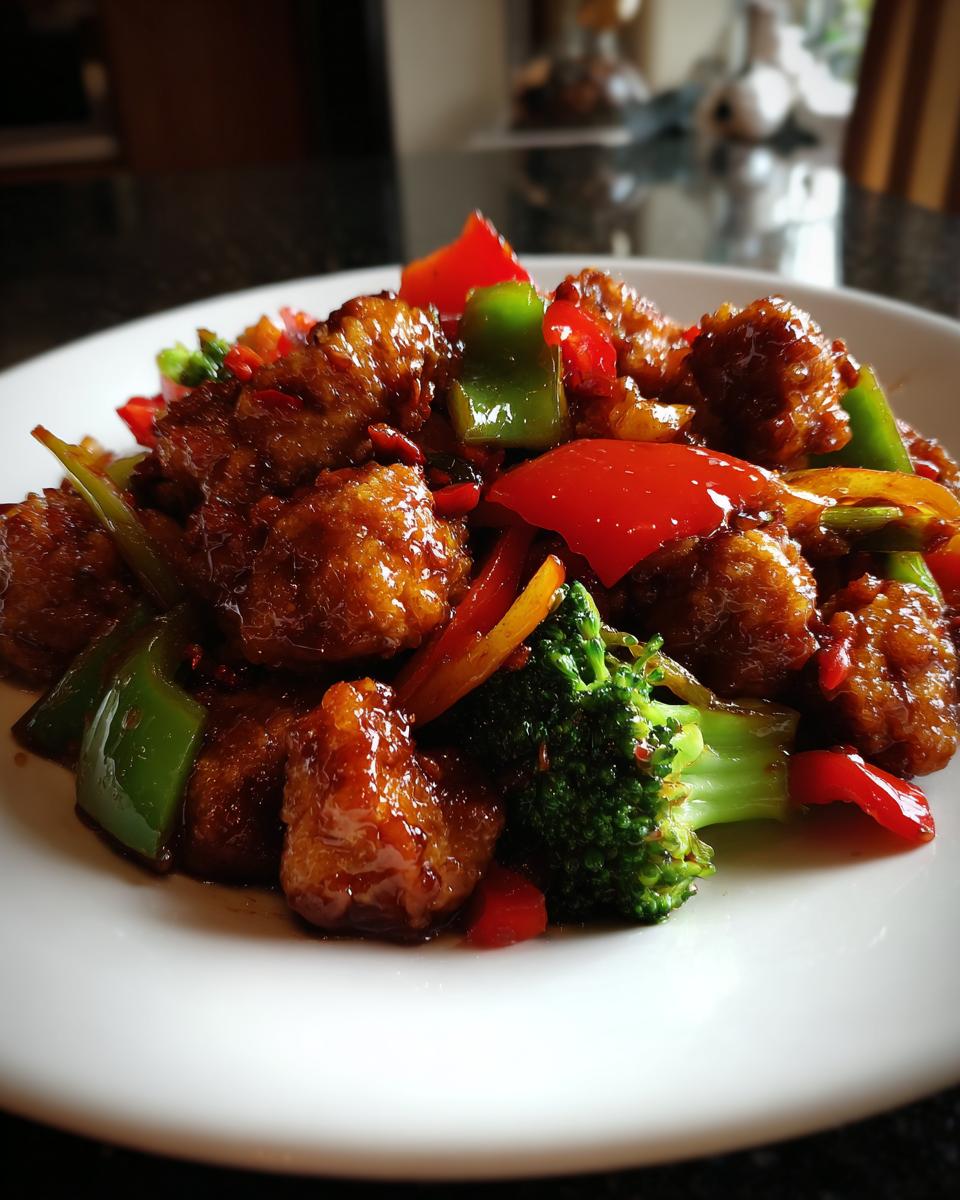 Close-up of glossy, saucy Hunan Chicken pieces mixed with bright red and green bell peppers and broccoli florets.