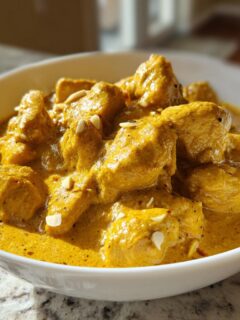 Close-up of rich, yellow Chicken Korma served in a white bowl, garnished with slivered almonds.