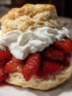 Close-up of a single serving of Strawberry Shortcake featuring a biscuit, macerated strawberries, and whipped cream.