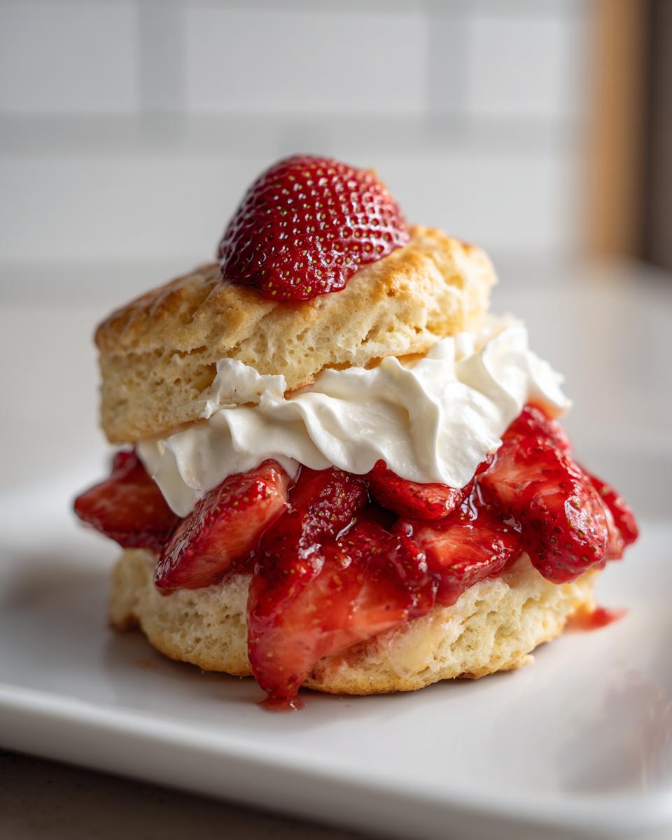 Close-up of a delicious Strawberry Shortcake featuring a biscuit, macerated strawberries, and whipped cream.