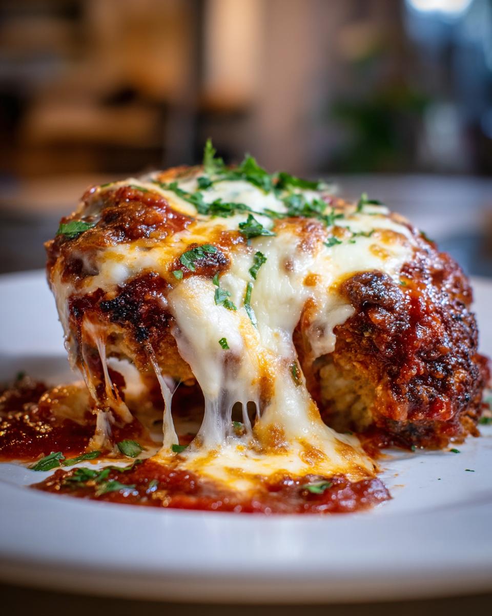Close-up of a piece of Baked Chicken Parmesan covered in melted, gooey mozzarella and marinara sauce.
