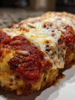 Close-up of a piece of golden brown Baked Chicken Parmesan topped with rich marinara sauce and melted mozzarella cheese.