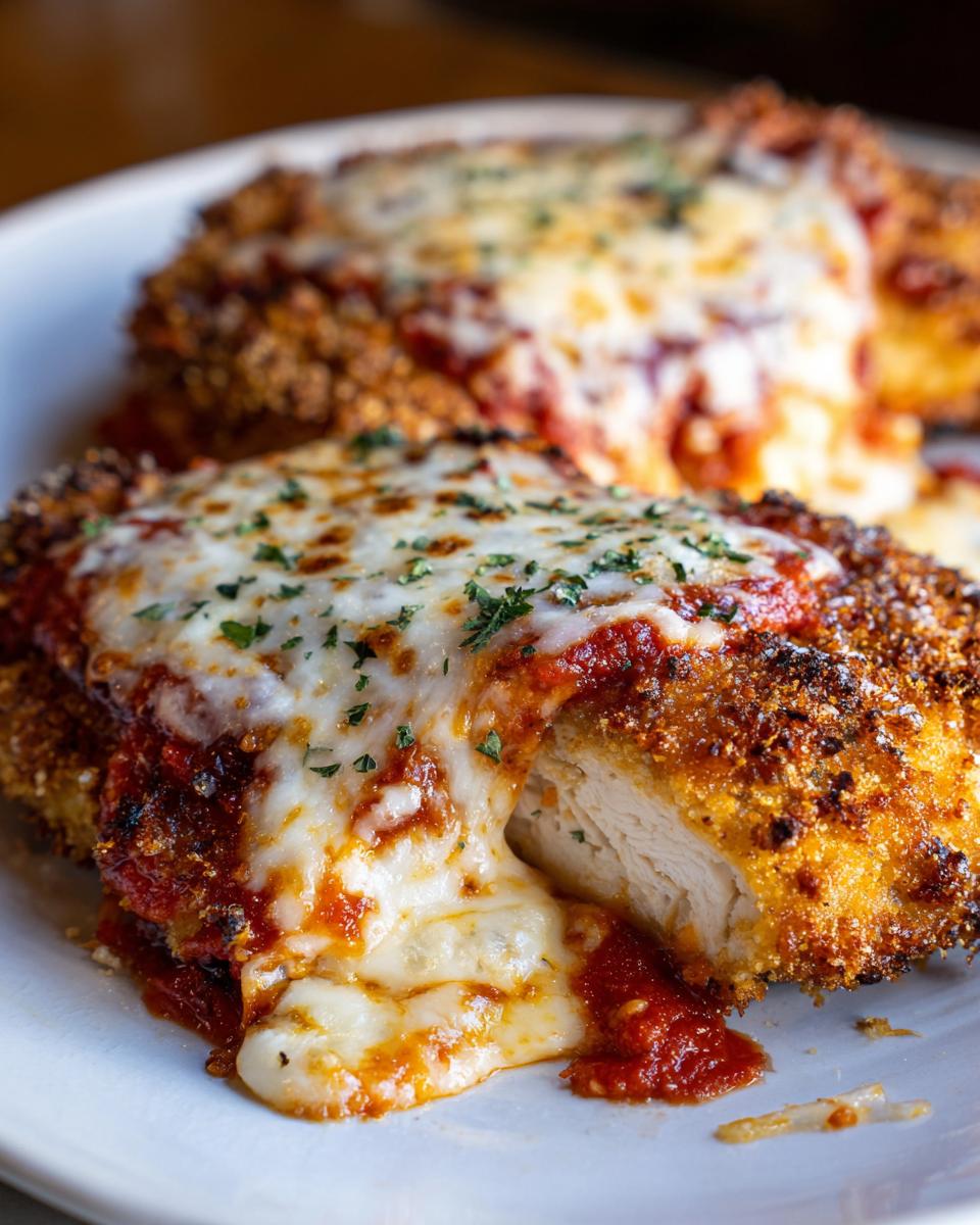 Close-up of a piece of Baked Chicken Parmesan with crispy coating, marinara sauce, and gooey melted mozzarella cheese.