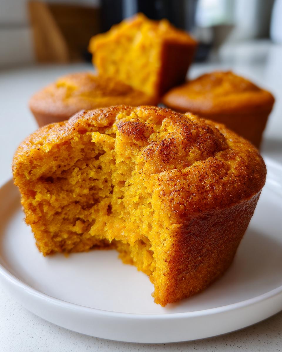 Close-up of a moist Bakery Style Pumpkin Muffin with a bite taken out, showing the orange crumb and cinnamon sugar topping.