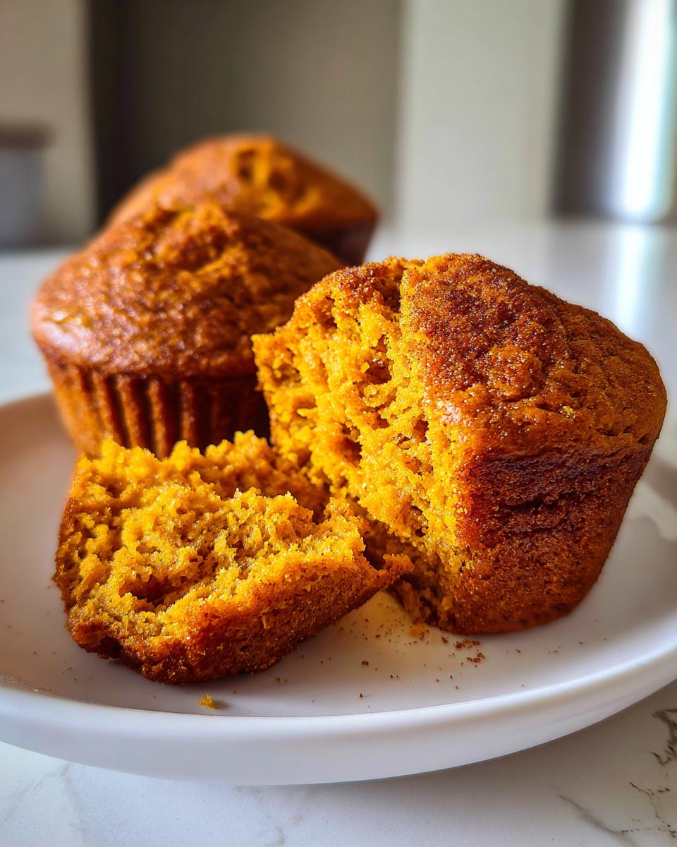 Close-up of a Bakery Style Pumpkin Muffins torn in half showing its moist, orange crumb and cinnamon sugar topping.