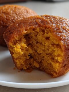 Close-up of a Bakery Style Pumpkin Muffin broken open showing its moist, orange crumb texture.
