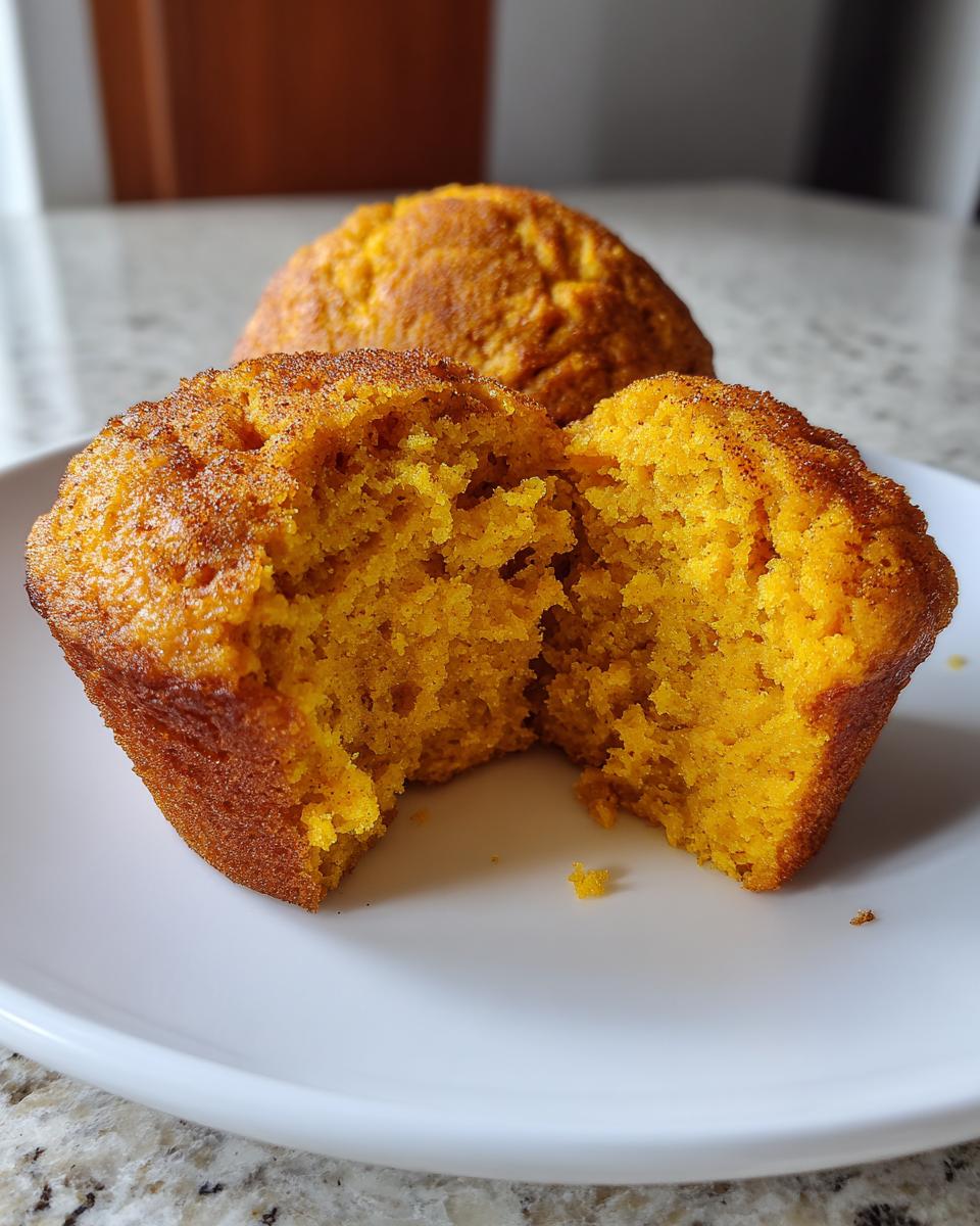 One of the Bakery Style Pumpkin Muffins is broken in half showing its moist, orange interior texture.