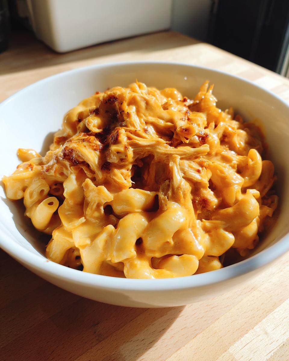 Close-up of creamy BBQ Chicken Mac And Cheese served in a white bowl on a wooden surface.