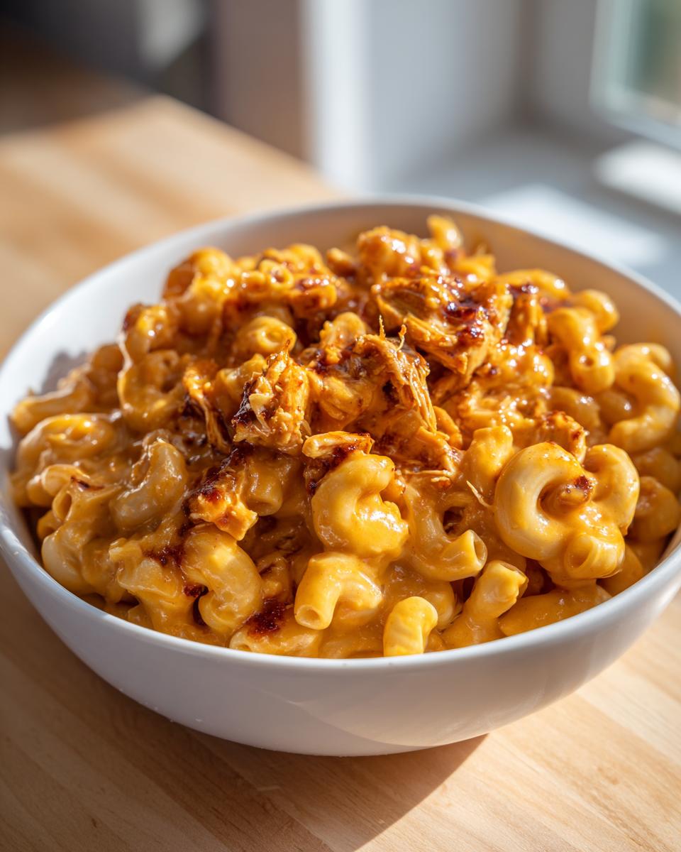 Close-up of creamy BBQ Chicken Mac And Cheese served in a white bowl on a wooden surface.
