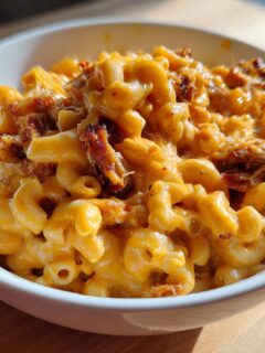 Close-up of a bowl filled with creamy BBQ Chicken Mac And Cheese, topped with shredded chicken.